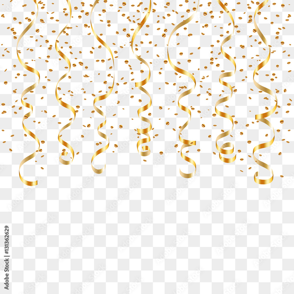 Gold ribbon confetti. Golden serpentine on transparent background