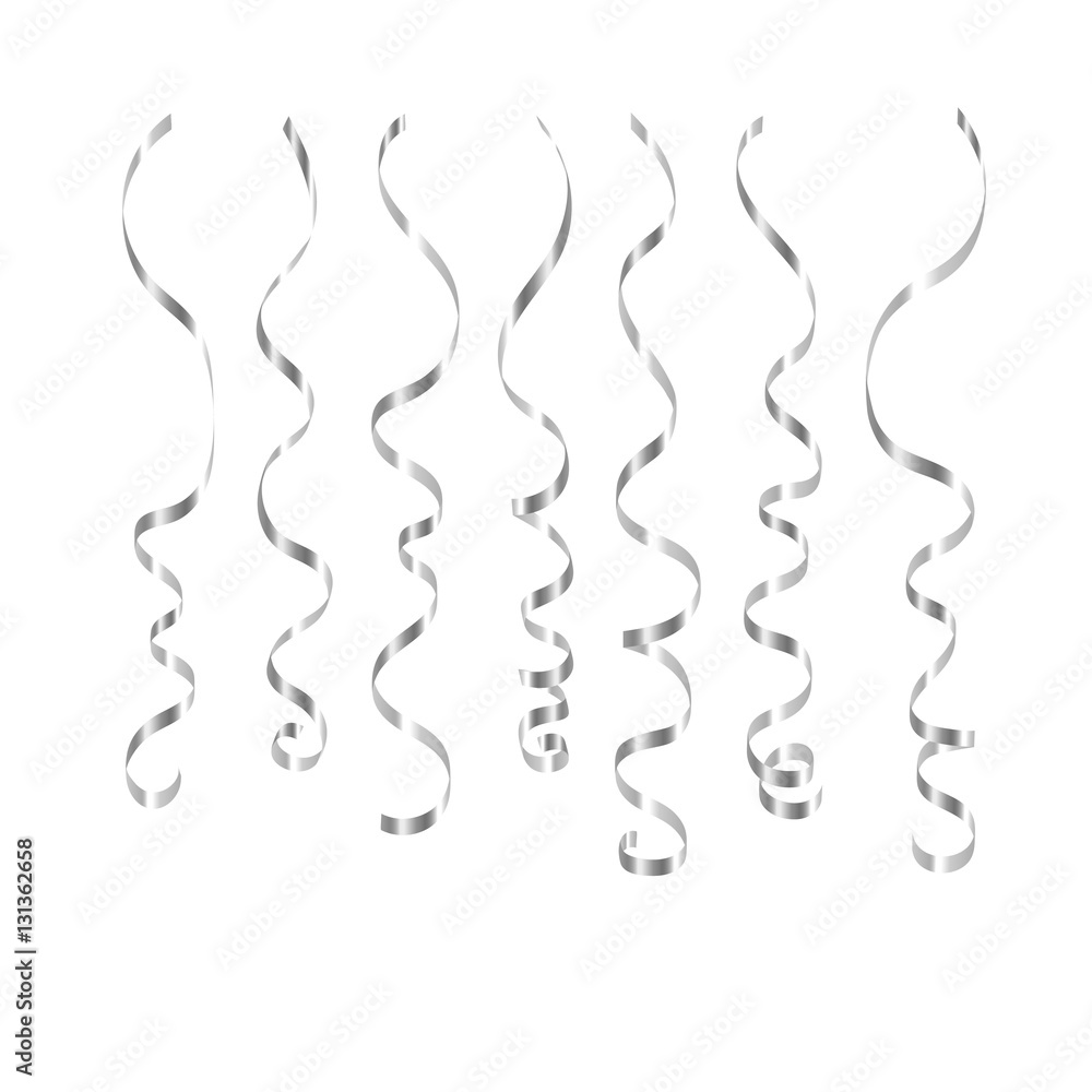 Curly ribbon serpentine confetti. Silver streamers set on white background.  Colorful design decoration for party, holiday event, carnival, Christmas,  New Year greeting. Vector illustration Stock Vector