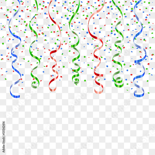 Red blue green ribbon confetti. Color serpentine on transparent background. Colorful streamers. Design decoration party  birthday  Christmas  New Year celebration  anniversary Vector illustration