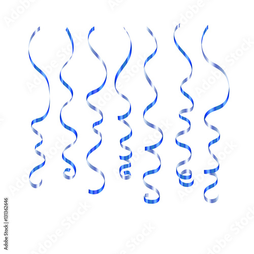 Curly ribbon serpentine confetti. Blue streamers set on white background. Colorful design decoration for party  holiday event  carnival  Christmas  New Year greeting. Vector illustration