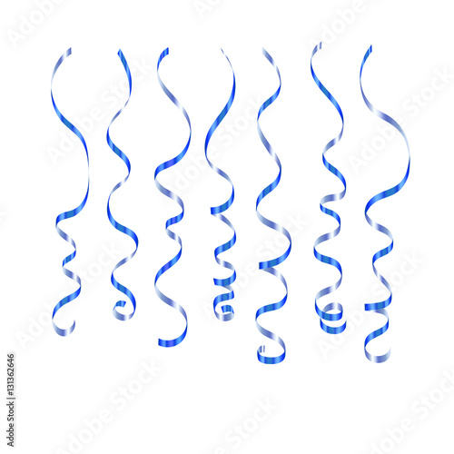 Curly ribbon serpentine confetti. Blue streamers set on white background. Colorful design decoration for party, holiday event, carnival, Christmas, New Year greeting. Vector illustration