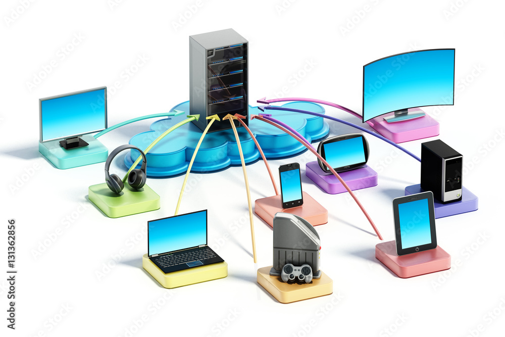 Electronic devices connected to the cloud network. 3D illustration Electronic devices connected to the cloud network. 3D illustration