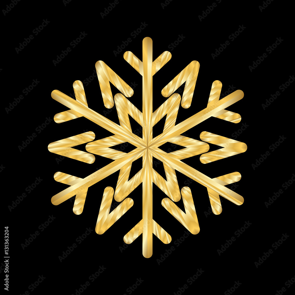 Gold Christmas snowflake icon. Golden silhouette snow flake sign isolated on black background. Elegant design for card, greeting, decoration. Shine texture. Symbol of winter Vector illustration Gold Christmas snowflake icon. Golden silhouette snow flake sign isolated on black background. Elegant design for card, greeting, decoration. Shine texture. Symbol of winter Vector illustration