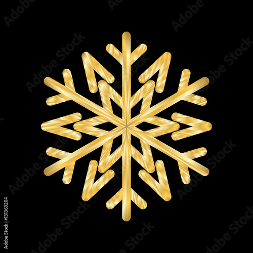 Gold Christmas snowflake icon. Golden silhouette snow flake sign isolated on black background. Elegant design for card, greeting, decoration. Shine texture. Symbol of winter Vector illustration