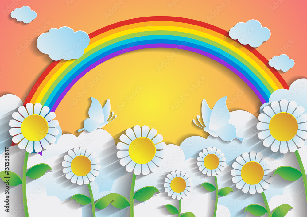 Sunflower field with rainbow and sky.paper art style. Sunflower field with rainbow and sky.paper art style.
