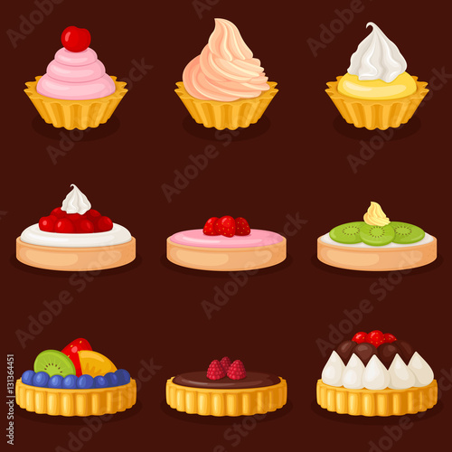 Set of delicious cakes and desserts. Vector illustration