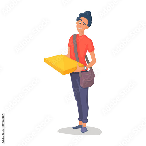 Young man courier delivery services of holding a large box and the plate with a shuttle sheet isolated on white background photo