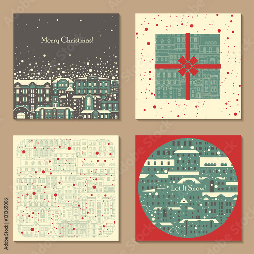 Vector set of four Christmas vintage templates. The motives of the old town street with beautiful houses and snowfall. Postcard, wrapper for CD, patterned packaging paper.
