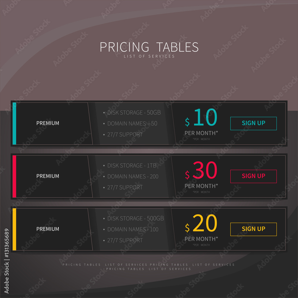 Pricing comparison table set for commercial business web service Pricing comparison table set for commercial business web service
