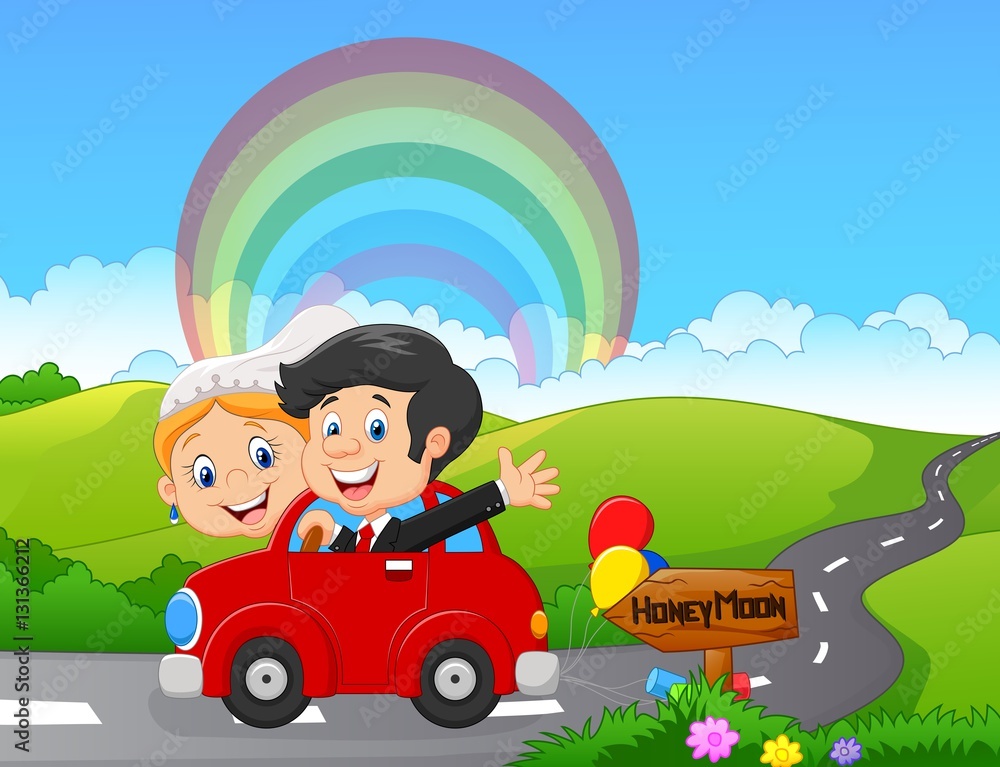 Just married couple driving a car in honeymoon trip Just married couple driving a car in honeymoon trip