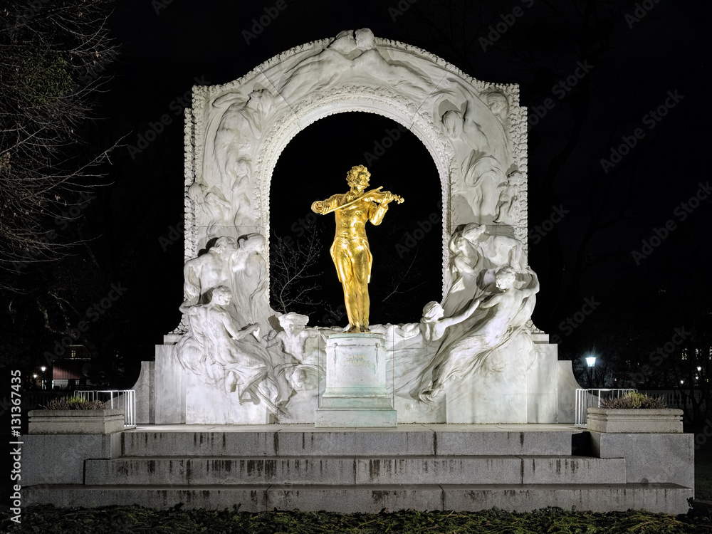 Johann Strauss monument in Vienna Stadtpark in night, Austria