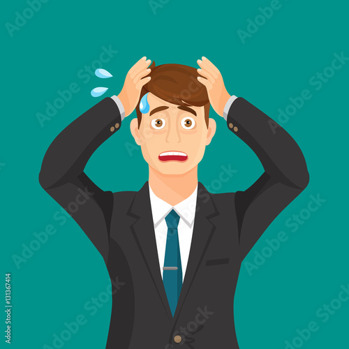 Anxiety person portrait on blue background. Cartoon illustration