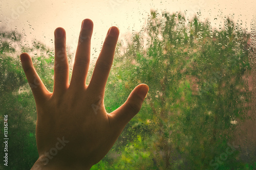 Hand on wet windows with green tree background