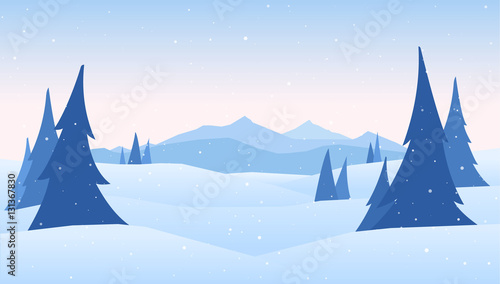 Vector illustration: Winter Mountains landscape with pines on foreground © deniskrivoy