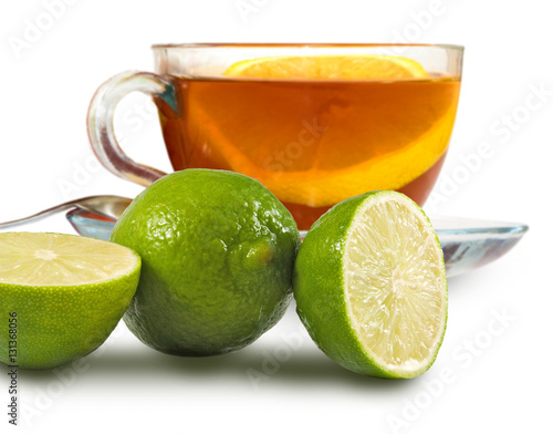 isolated image of cups with tea and lemon close-up