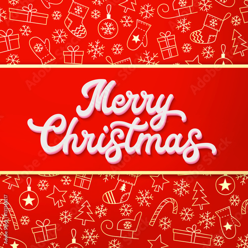 Merry Christmas. White 3d lettering inscription on red and gold Christmas background with sleighs  trees  balls  gifts. Xmas decoration for seasons greeting cards design. Font vector illustration.