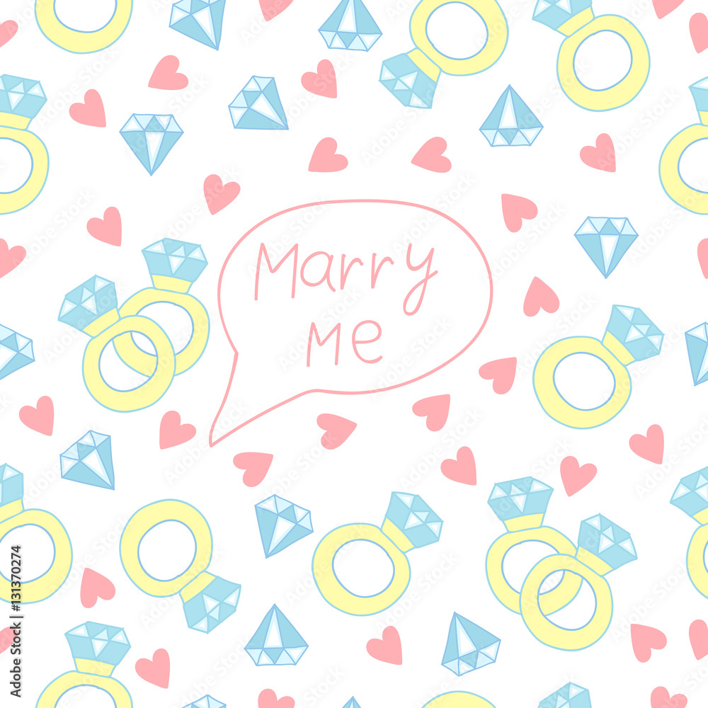 Fototapeta premium Marry me. Wedding seamless pattern with ring, diamond and hearts. 