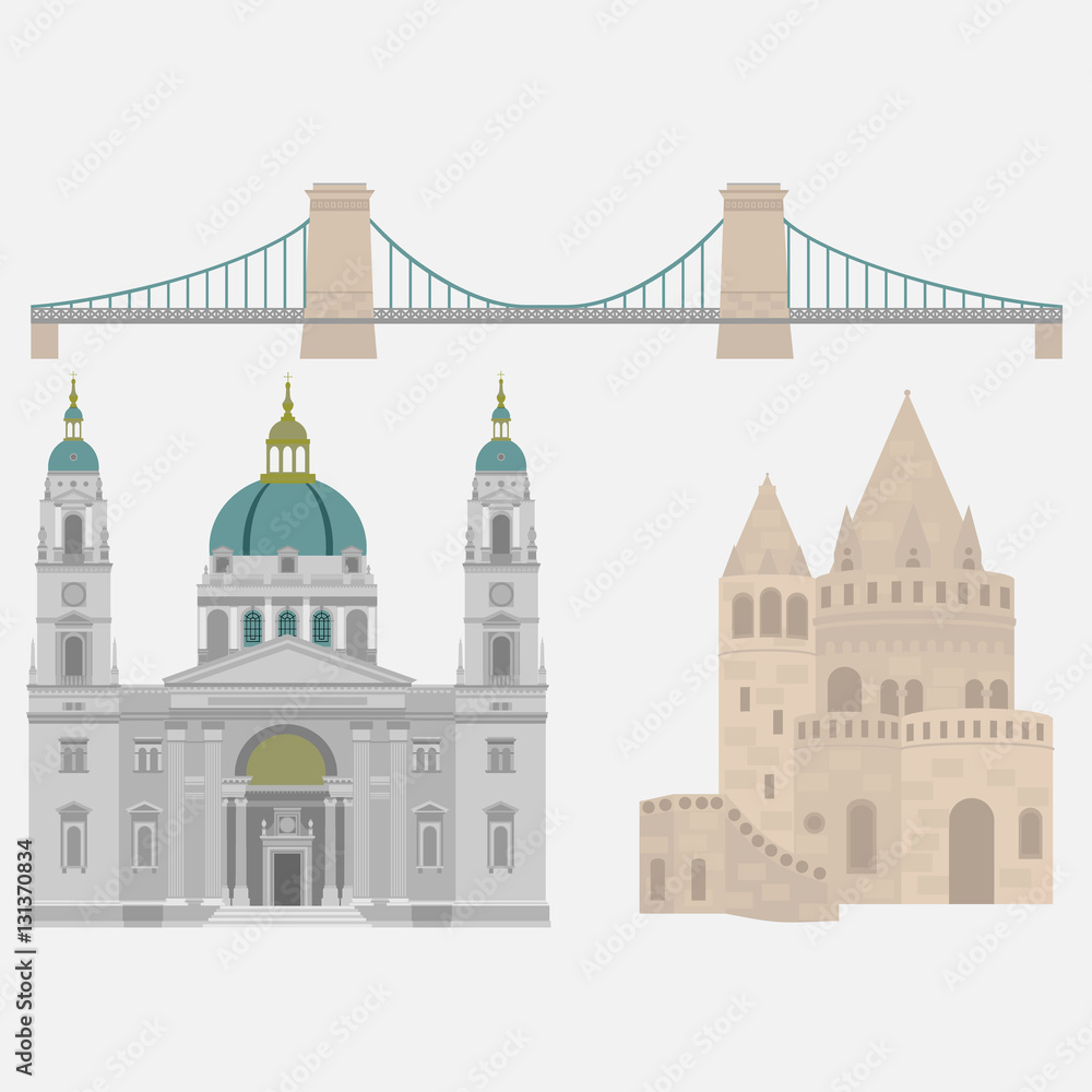 Hungarian City sights in Budapest. Hungary Landmark Travel And Journey Architecture Elements Chain Bridge, Fisherman's bastion, St. Istvan basilica