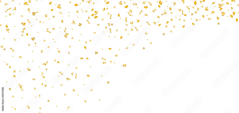 Gold bright confetti on white Christmas background. Golden decoration glitter abstract design of Happy New Year card, greeting, Xmas holiday celebrate banner. Space effect. Vector illustration - obrazy, fototapety, plakaty 