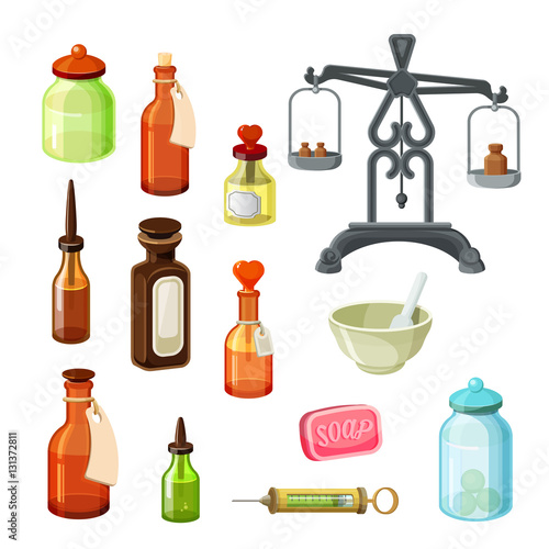 Apothecary vector set. Vintage medicine bottles, pharmaceutical scales