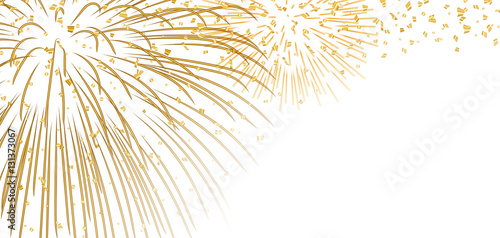 Gold bright firework, confetti on white Christmas background. Golden decoration abstract design Happy New Year card, greeting, Xmas holiday celebrate, invitation. Space effect Vector illustration