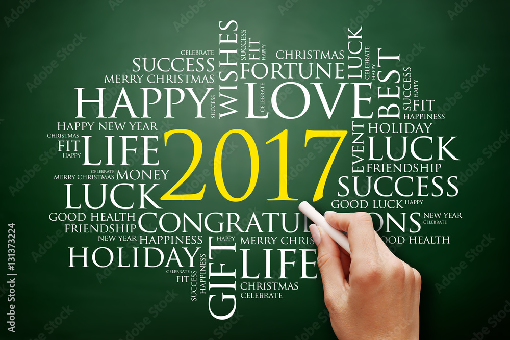 2017 year greeting word cloud collage, Happy New Year celebration greeting card on blackboard