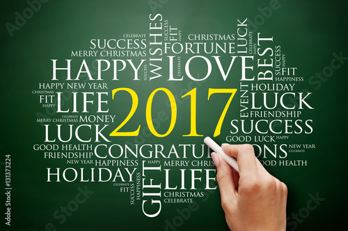 Fototapeta Naklejka Na Ścianę i Meble -  2017 year greeting word cloud collage, Happy New Year celebration greeting card on blackboard