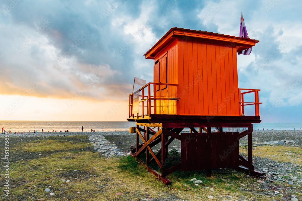 Orange lifeguard house in the sunset time in Batumi, Adjara, Georgia Orange lifeguard house in the sunset time in Batumi, Adjara, Georgia