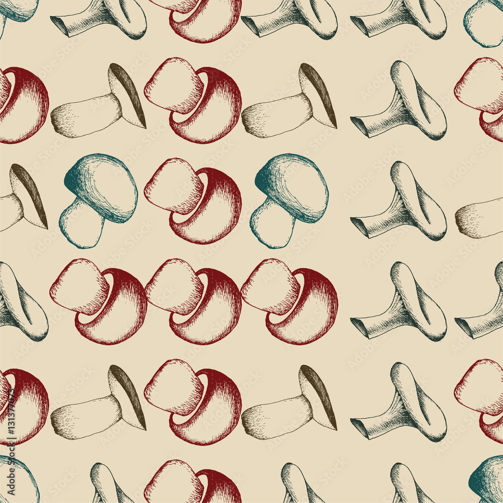 Hand drawn seamless pattern with mushrooms. Hand drawn seamless pattern with mushrooms.
