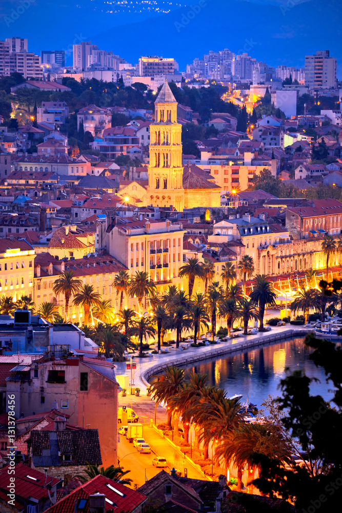 Famous Split waterfront evening aerial view