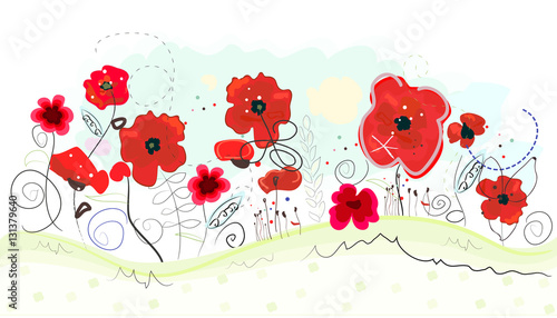 Fototapeta Naklejka Na Ścianę i Meble -  Abstract doodle flowers and red poppies