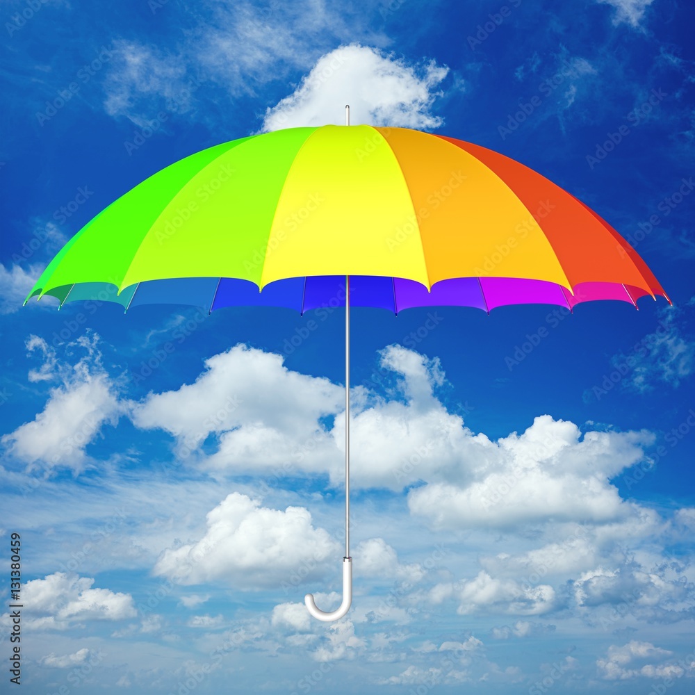 Colorful umbrella against blue cloudy sky 3D illustration