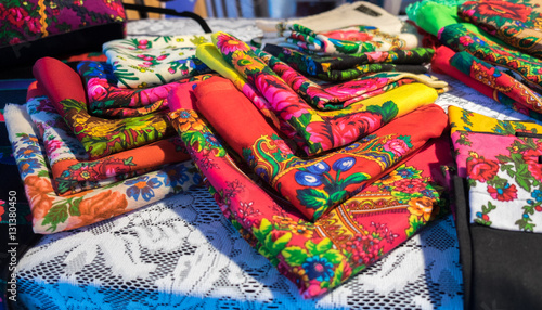 Colorful scarves for sale at christmas tradition market. Budapes