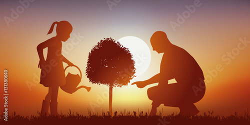 Enfant - Jardiner - Grand-Père - Coucher de soleil