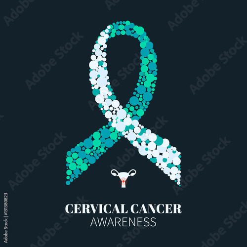 Cervical cancer awareness poster with white and teal ribbon made of dots on dark background. Ovarian cancer symbol. Medical concept. Vector illustration.
