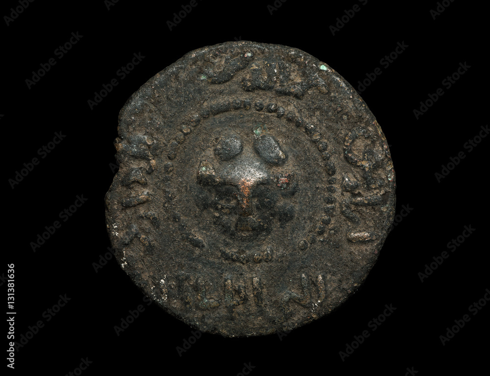Ancient bronze islamic coin with lion head in the center isolated on black