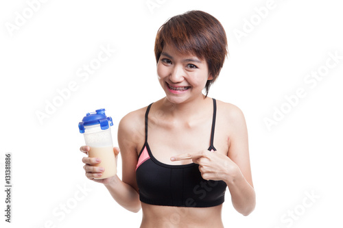 Beautiful Asian healthy girl with whey protein. © halfbottle