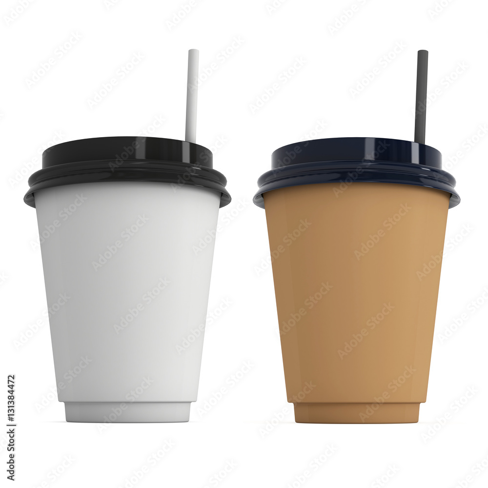 Disposable coffee cups with paper straw . Blank paper mug with plastic cap. 3d render isolated on white background Disposable coffee cups with paper straw . Blank paper mug with plastic cap. 3d render isolated on white background