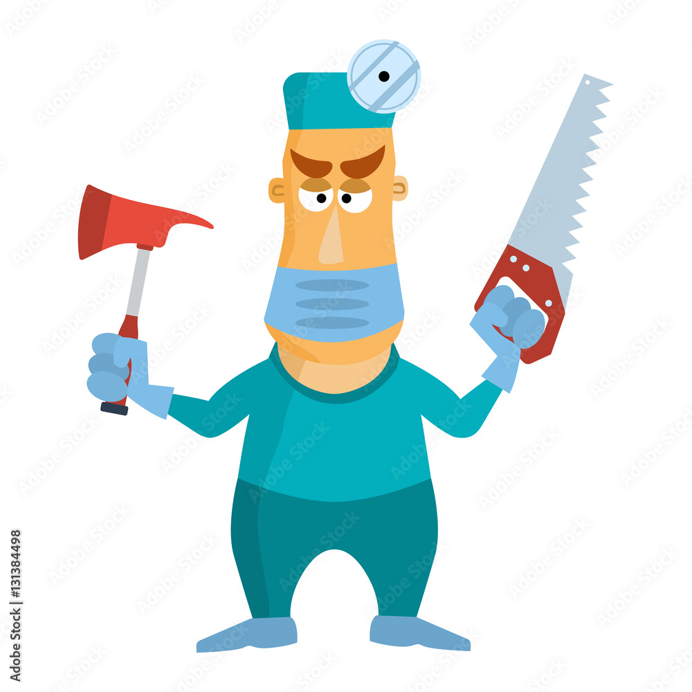 Surgeon doctor using mask axe and saw. Vector illustration isolated on  white Stock Vector | Adobe Stock