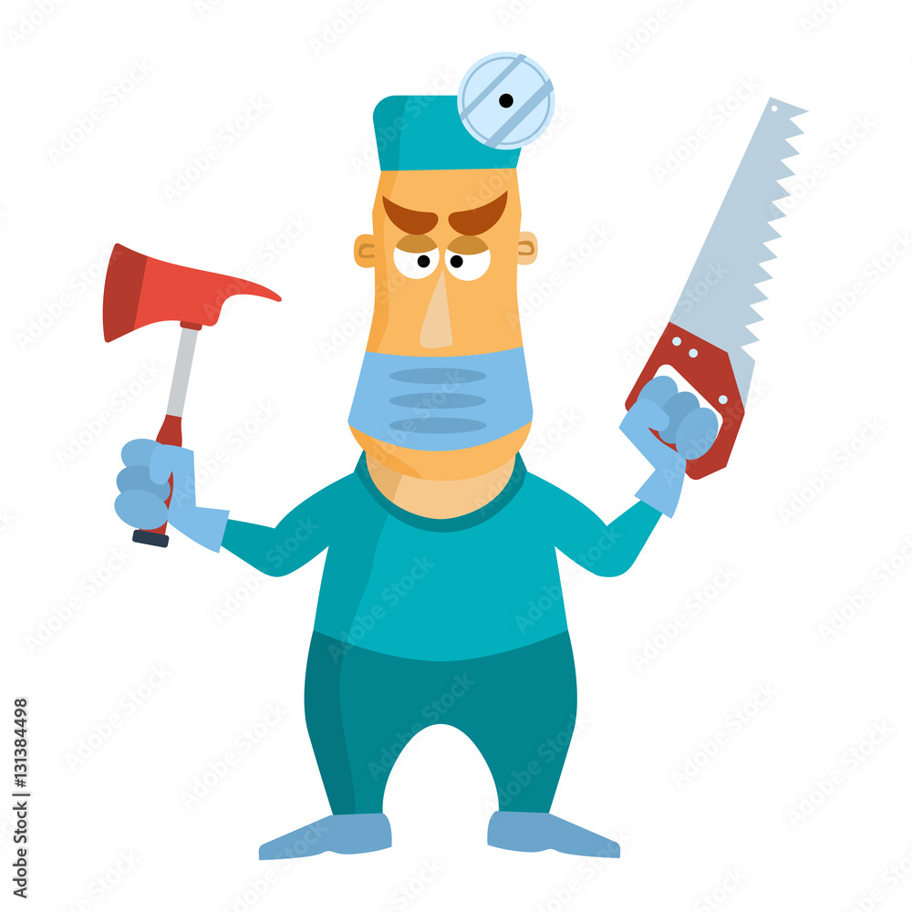 Surgeon doctor using mask axe and saw. Vector illustration isolated on white Surgeon doctor using mask axe and saw. Vector illustration isolated on white