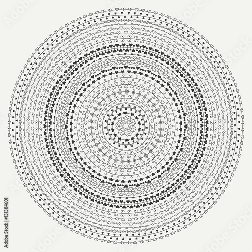 Hand drawn mandala ornament. Geometric pattern. Line border frame design element. Doodles. Vector illustration. Background. Valentine day vintage romantic pattern with hearts. Henna tattoo. Circle art