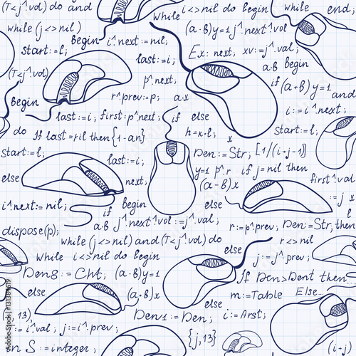 Technical vector seamless pattern with programming code and computer mice handwritten on grid copybook paper. Informatics endless texture