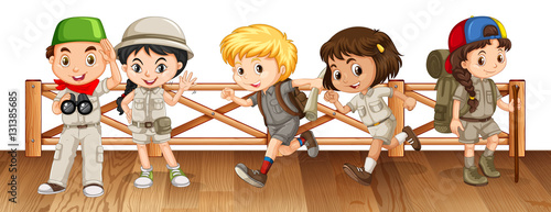Five kids in safari outfit on the bridge