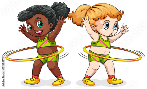 Two girls exercising with hulahoops