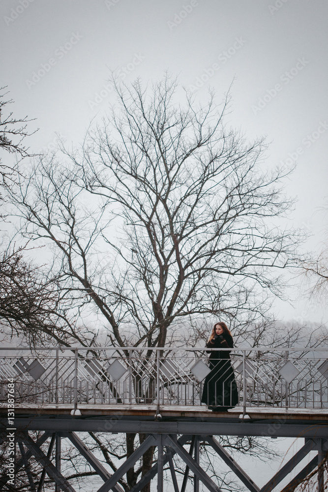 beautiful girl standing on the pedestrian bridge in winter