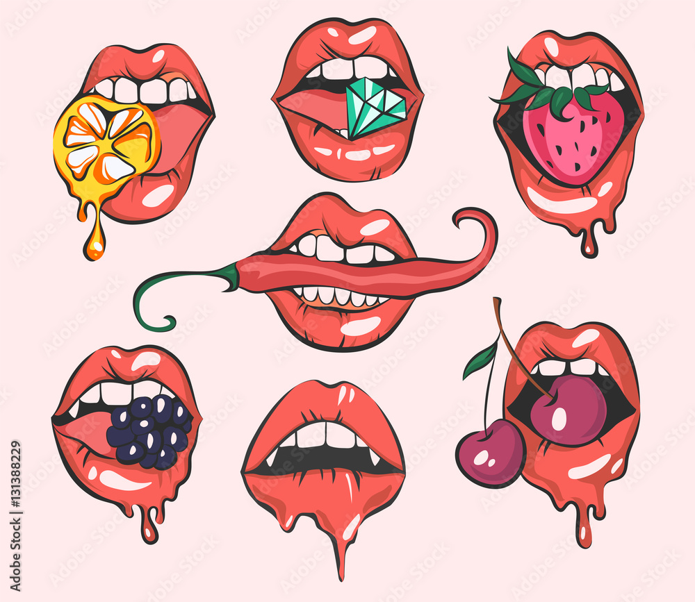 Set of sexy pop art lips, close up view, cartoon girls mouths, vector  illustrations Stock Vector | Adobe Stock