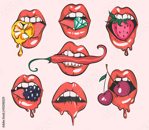 Set of sexy pop art lips, close up view, cartoon girls mouths, vector illustrations