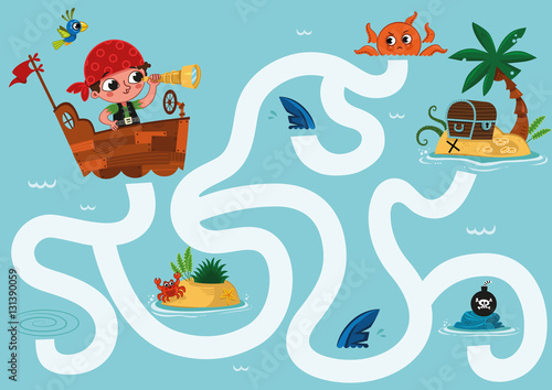 A pirate in the maze. Educational maze  game for children. Can you help the pirate to reach the treasure hunt? Vector illustration. photo