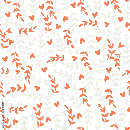 Seamless Romantic Pattern with Leaves and Hearts
