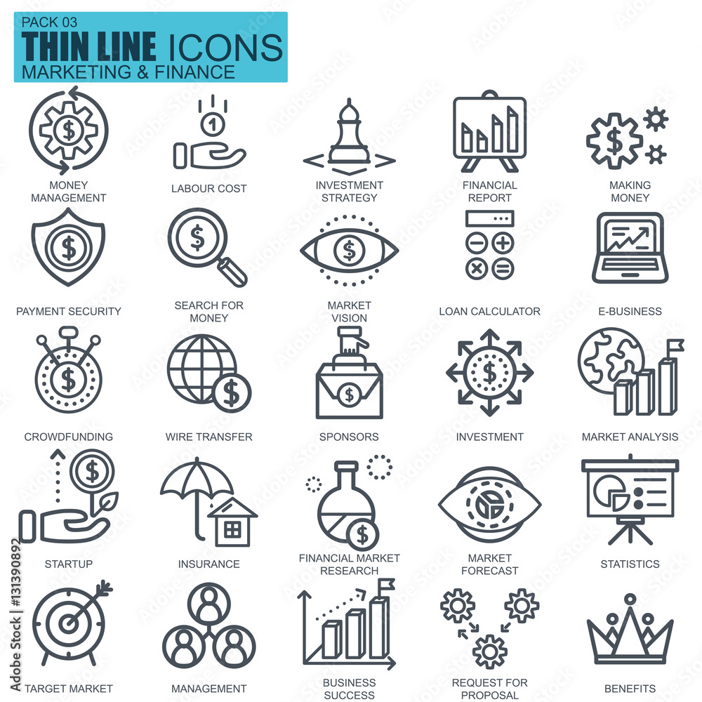 Thin line marketing and finance icons